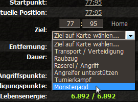 Das Menü 'Ziel auf Karte wählen' - Monsterjagd